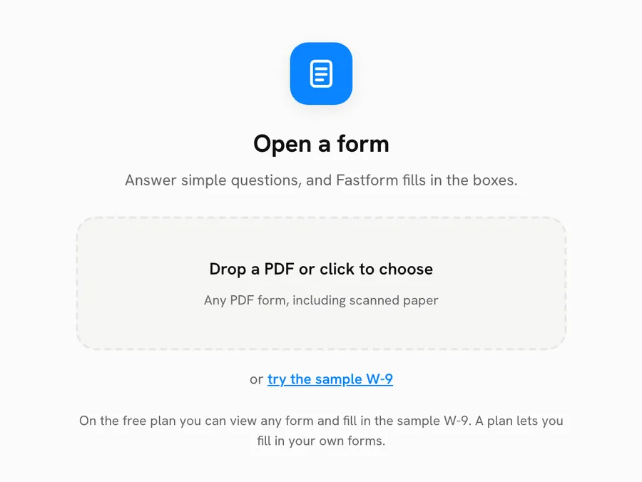 The upload screen: drop a PDF or try the sample W-9