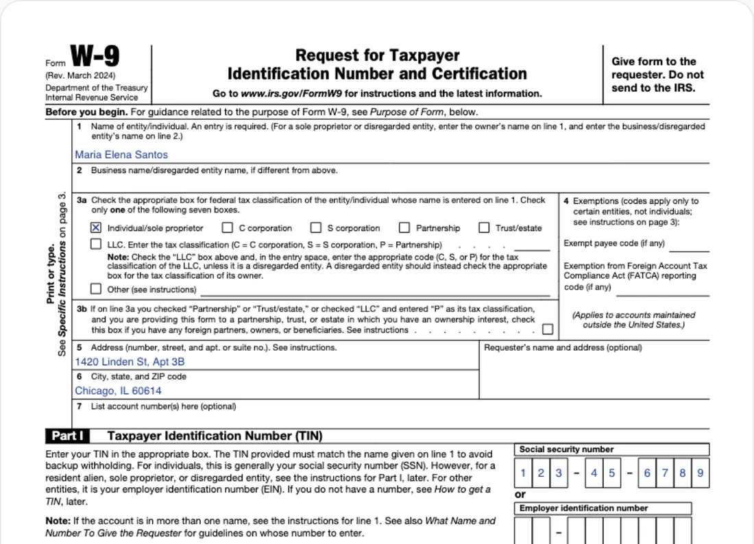 The sample W-9 with the name and address filled in