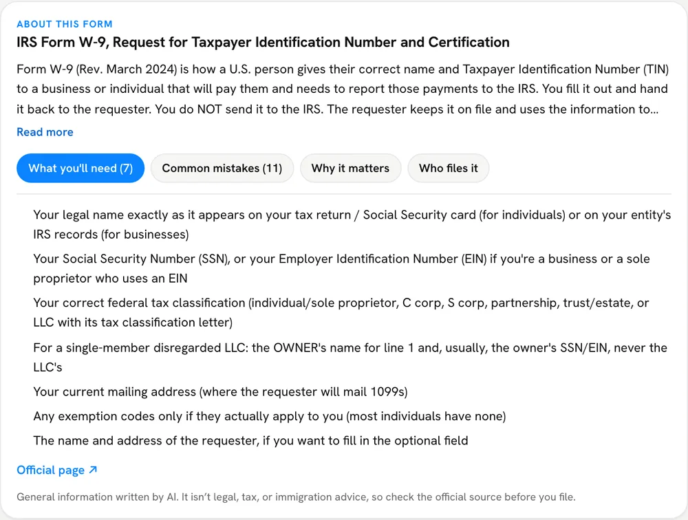 The 'About this form' briefing for the sample W-9, listing what you'll need