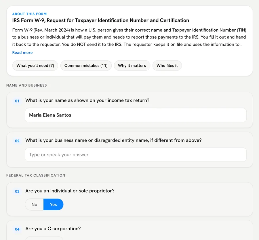 Simple questions for the sample W-9, with the first answer typed in